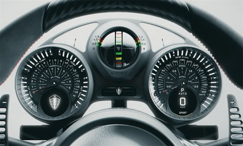 Chronocluster des Koenigsegg CCGT1 mit analogen Instrumenten und zentralem G-Kraftmesser