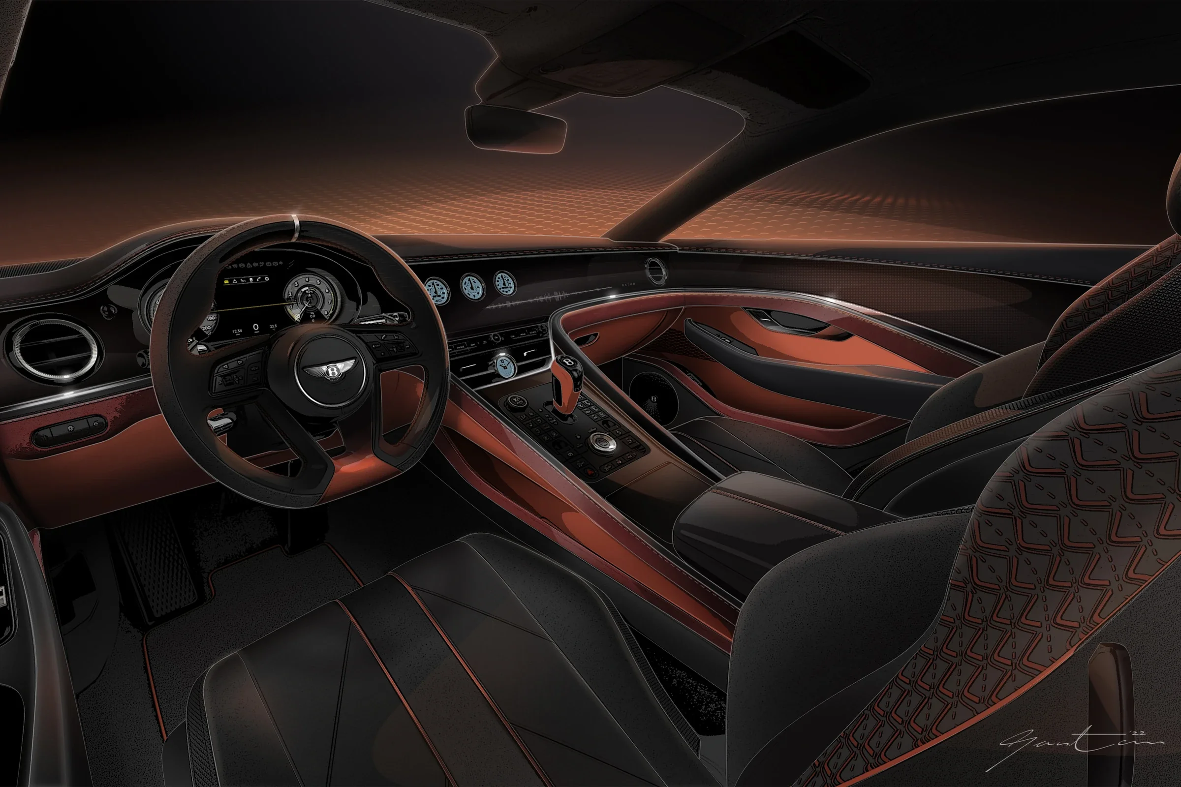 Innenraum des Bentley Batur mit Ledersitzen, Mittelkonsole und Fahrer-Cockpit